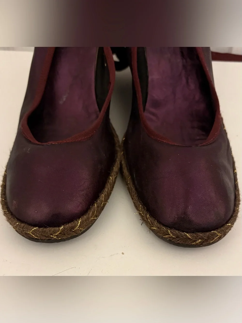 HOLLYWOULD CABANA, Burgundy Wedge Espadrille with Ribbon Ankle Wrap